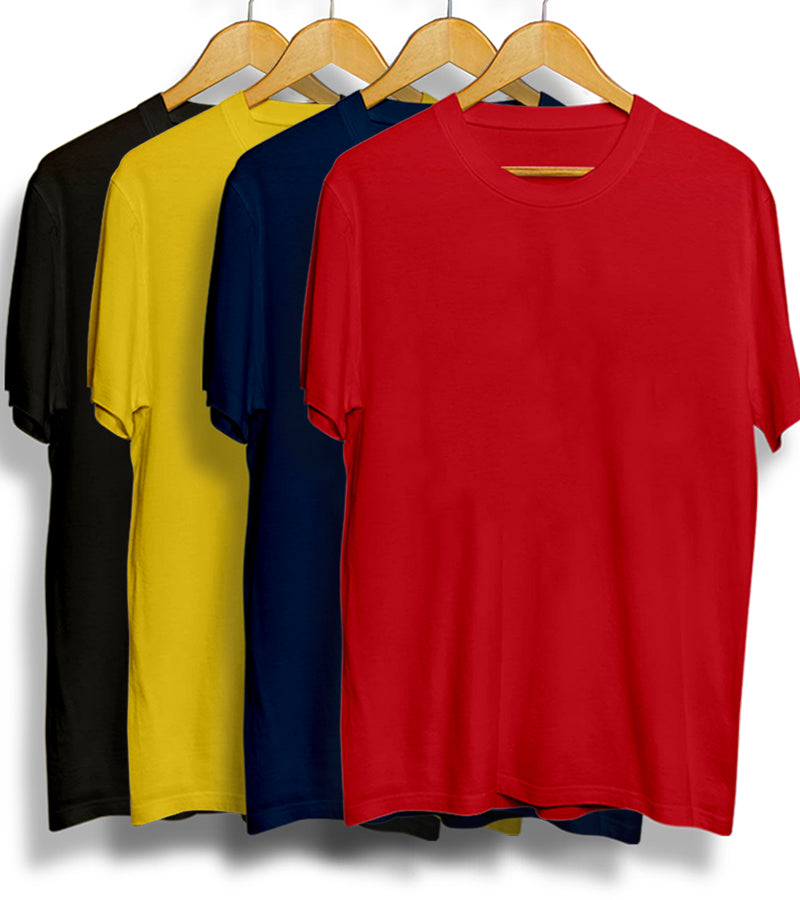 Pack of 4 - Plain Black, Yellow, Navy Blue, Red T-shirt