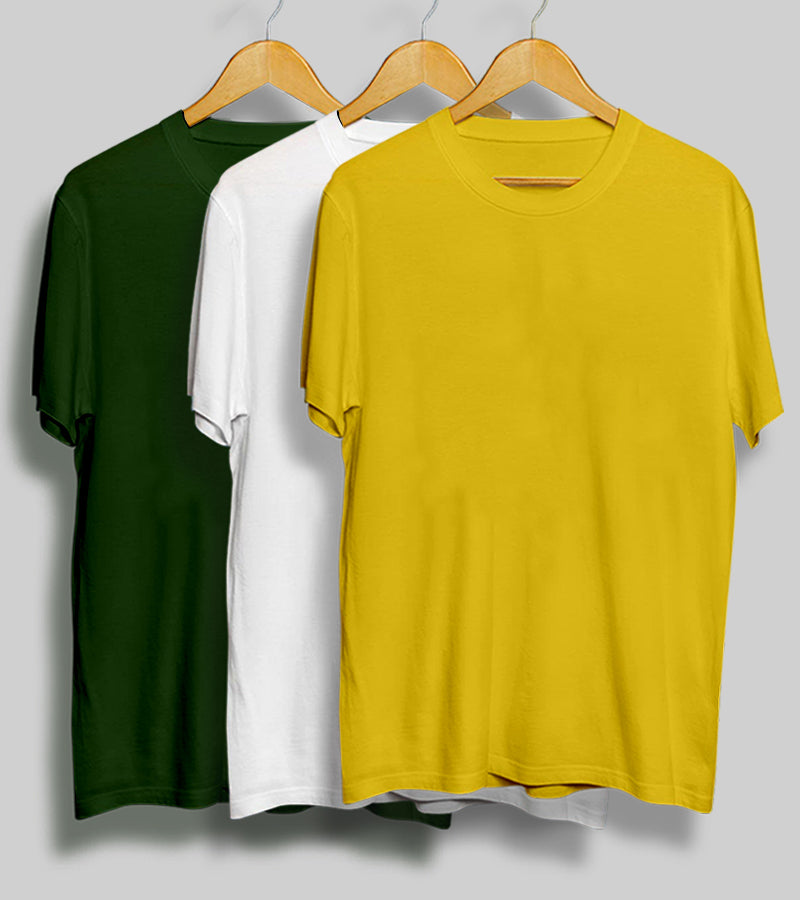 Pack of 3 - Plain  Olive, White & Yellow  T-Shirt