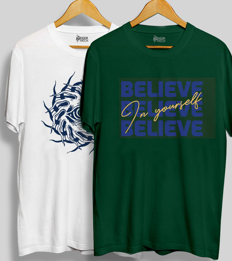 Pack of 2 T-shirt | Netram Chakra - White | Belive In Yourself - Olive