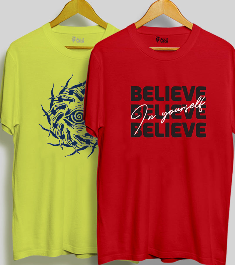 Pack of 2 T-shirt | Netram Chakra - Yellow | Belive In Yourself-Red