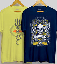 Load image into Gallery viewer, Pack of 2 T-shirt | Skull - Navy Blue | Om Trishul - Yellow
