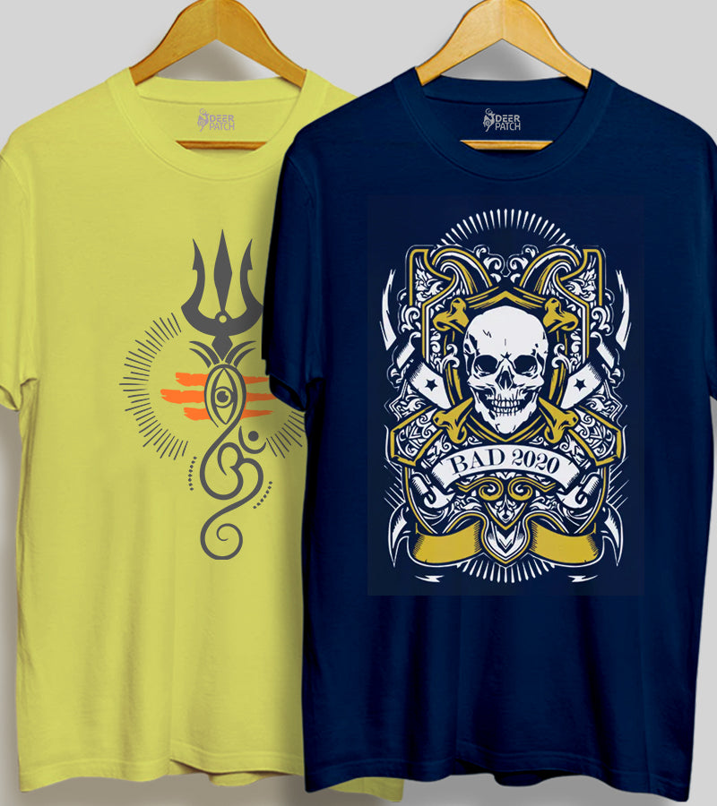 Pack of 2 T-shirt | Skull - Navy Blue | Om Trishul - Yellow