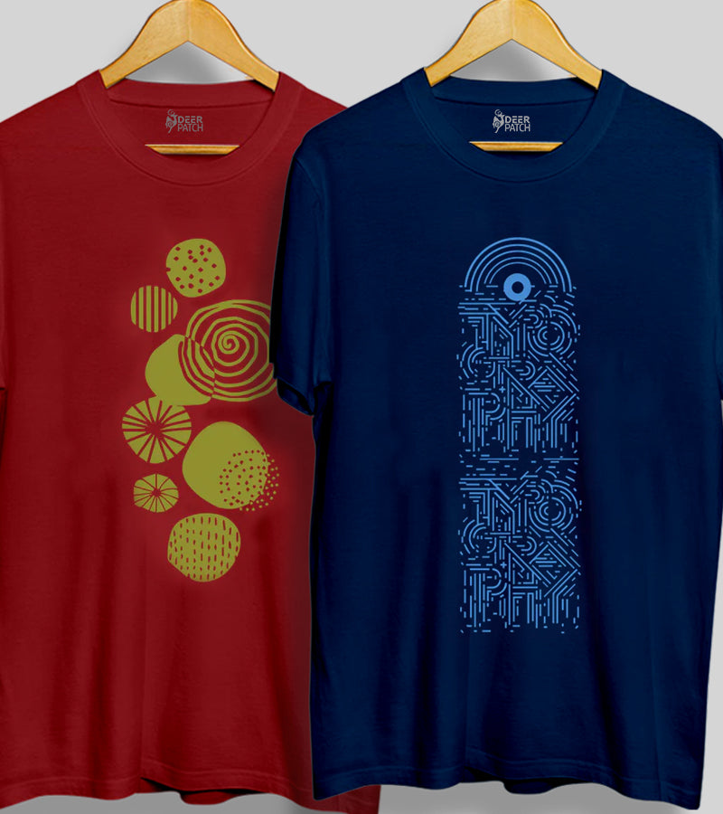 Pack of 2 T-shirt |  Abstract Leaf - Maroon  | Typo Pattern - Blue