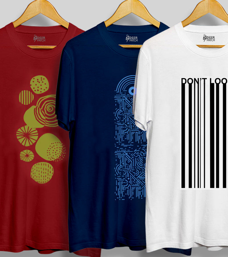 Pack of 3 T-shirt | White, Navy Blue & Maroon | Pattern DP 01