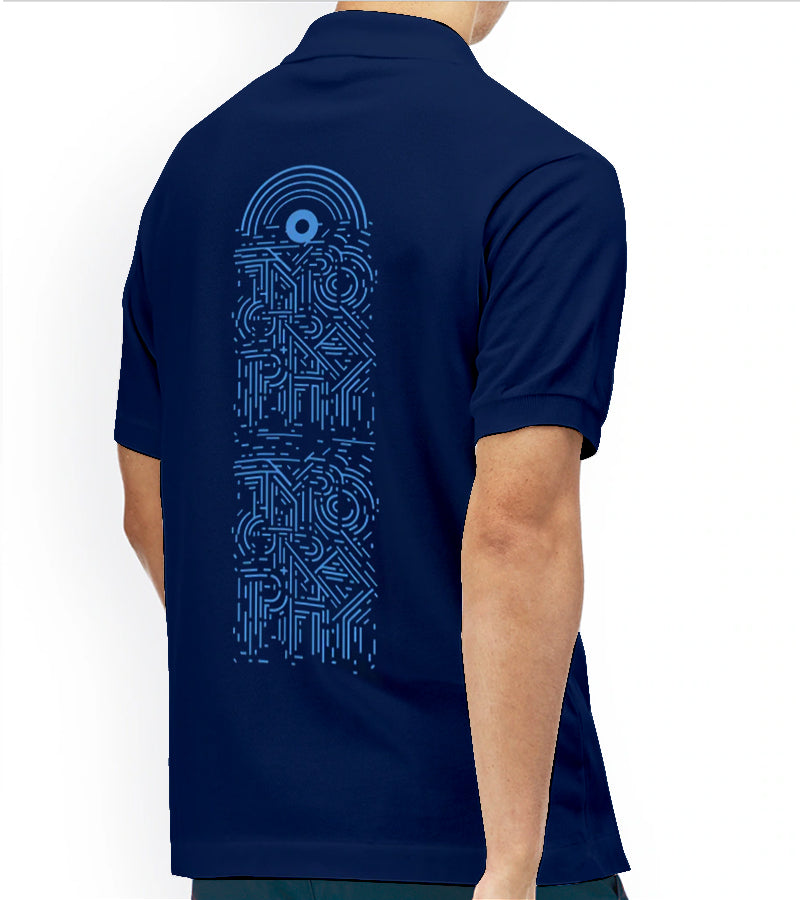 Typo Pattern Back Side Navy Blue Polo T-shirt