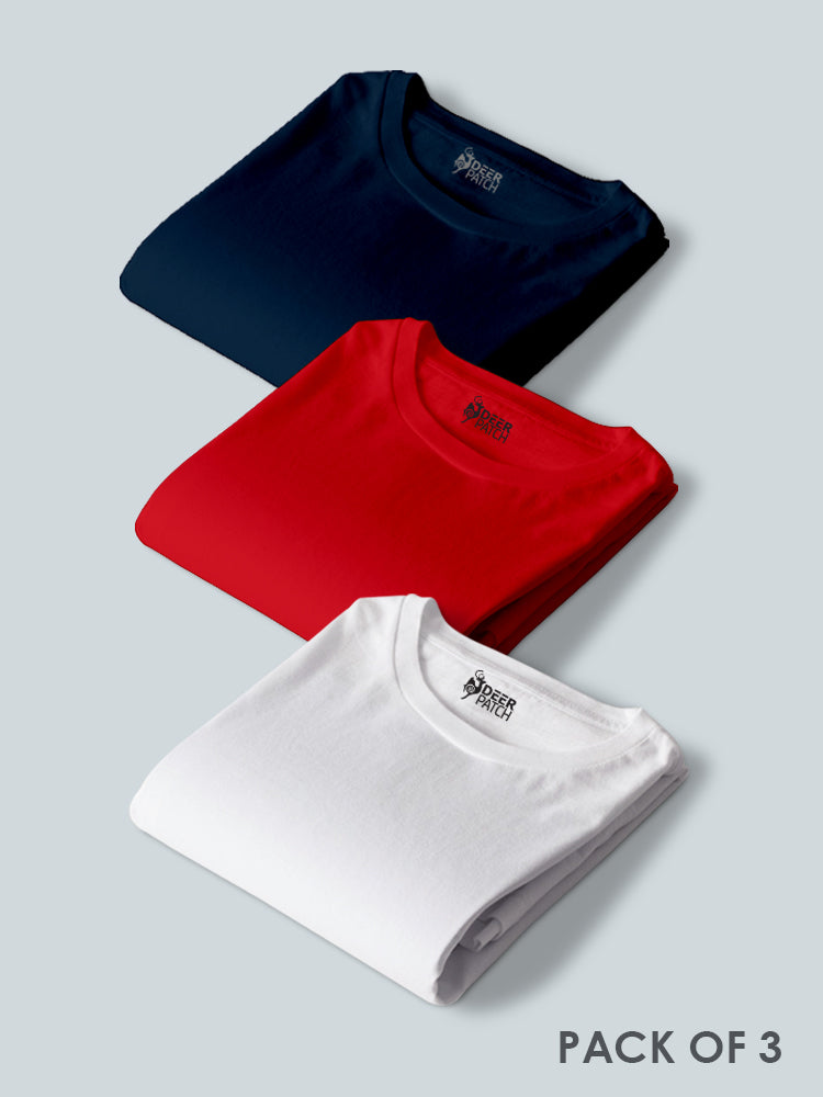 Pack of 3 - Plain  Navy Blue, Red,& White  T-Shirt