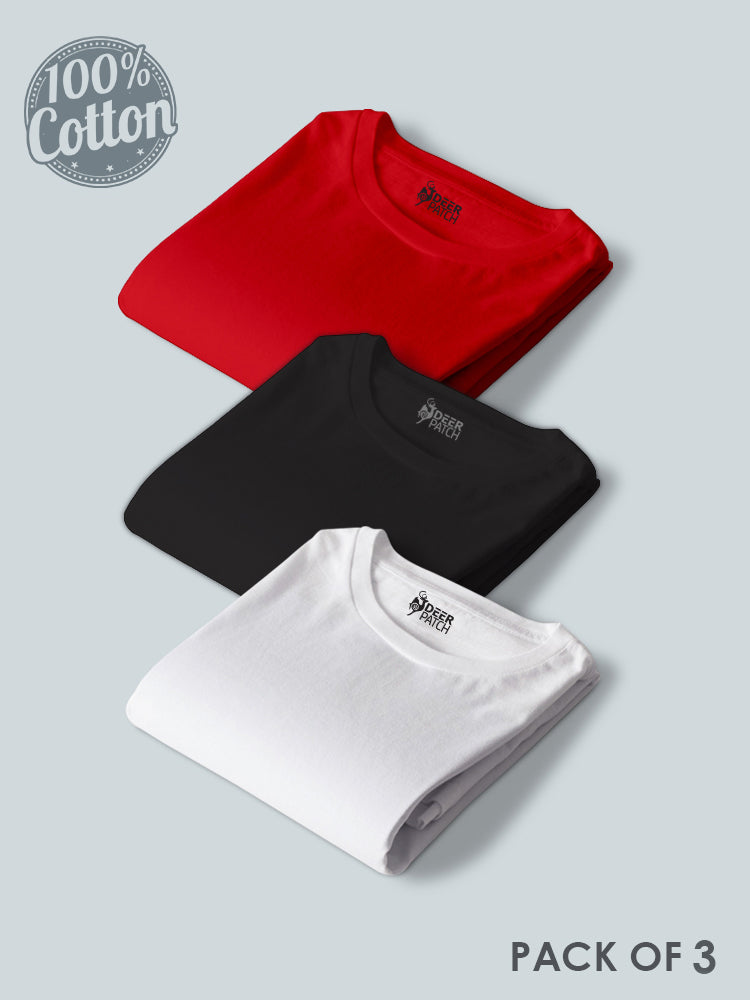 Pack of 3 - Plain Red, Black & White T-Shirt