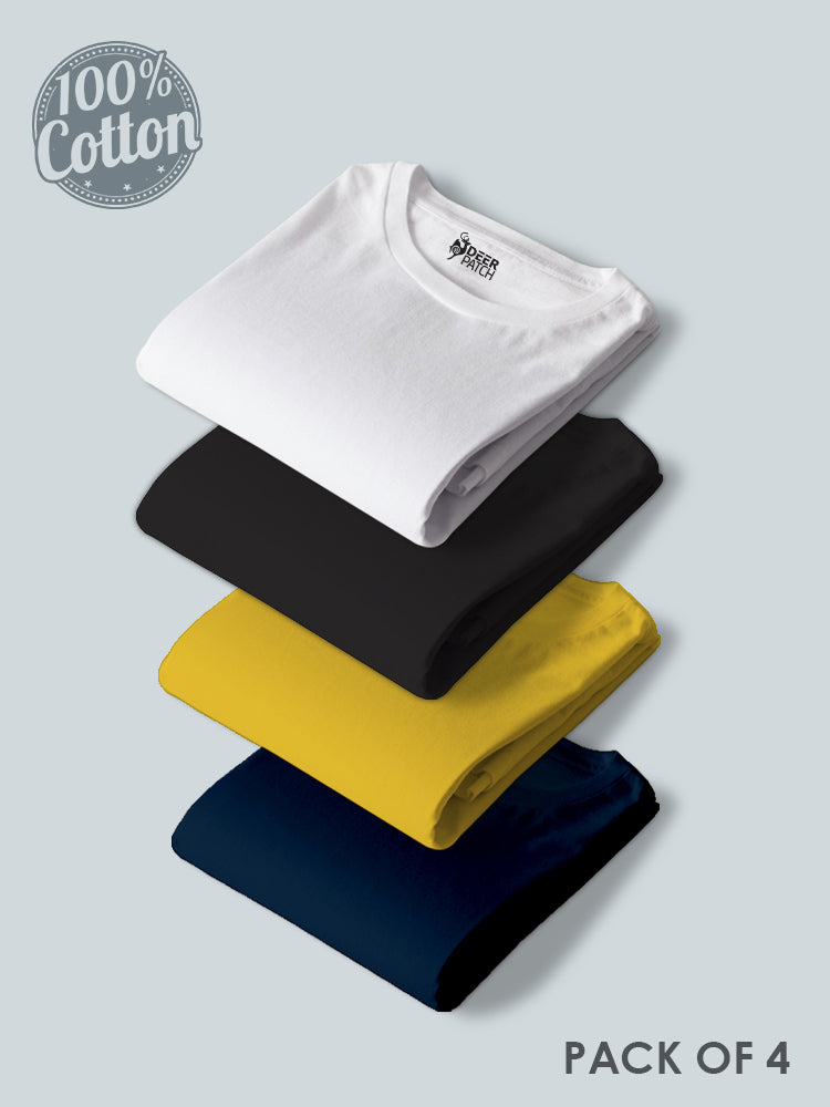 Pack of 4 - Plain White, Black, Yellow & Navy Blue T-Shirt