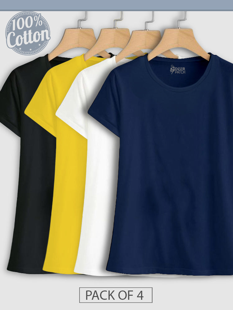 Pack of 4 - Plain Black, Yellow, White & Navy Blue Top
